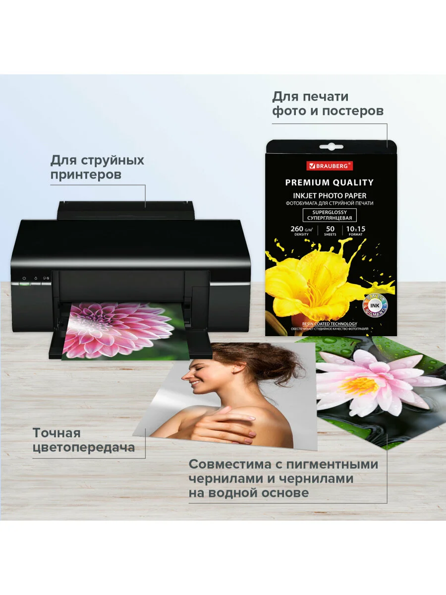 Фотобумага PREMIUM суперглянцевая, 10х15 см, 260 г/м2, односторонняя, 50 листов, BRAUBERG