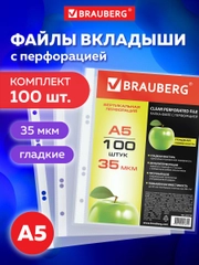 Папки-файлы МАЛОГО ФОРМАТА (148х210мм), А5, ВЕРТИКАЛЬНЫЕ, КОМПЛЕКТ 100 шт, 35мкм, BRAUBERG