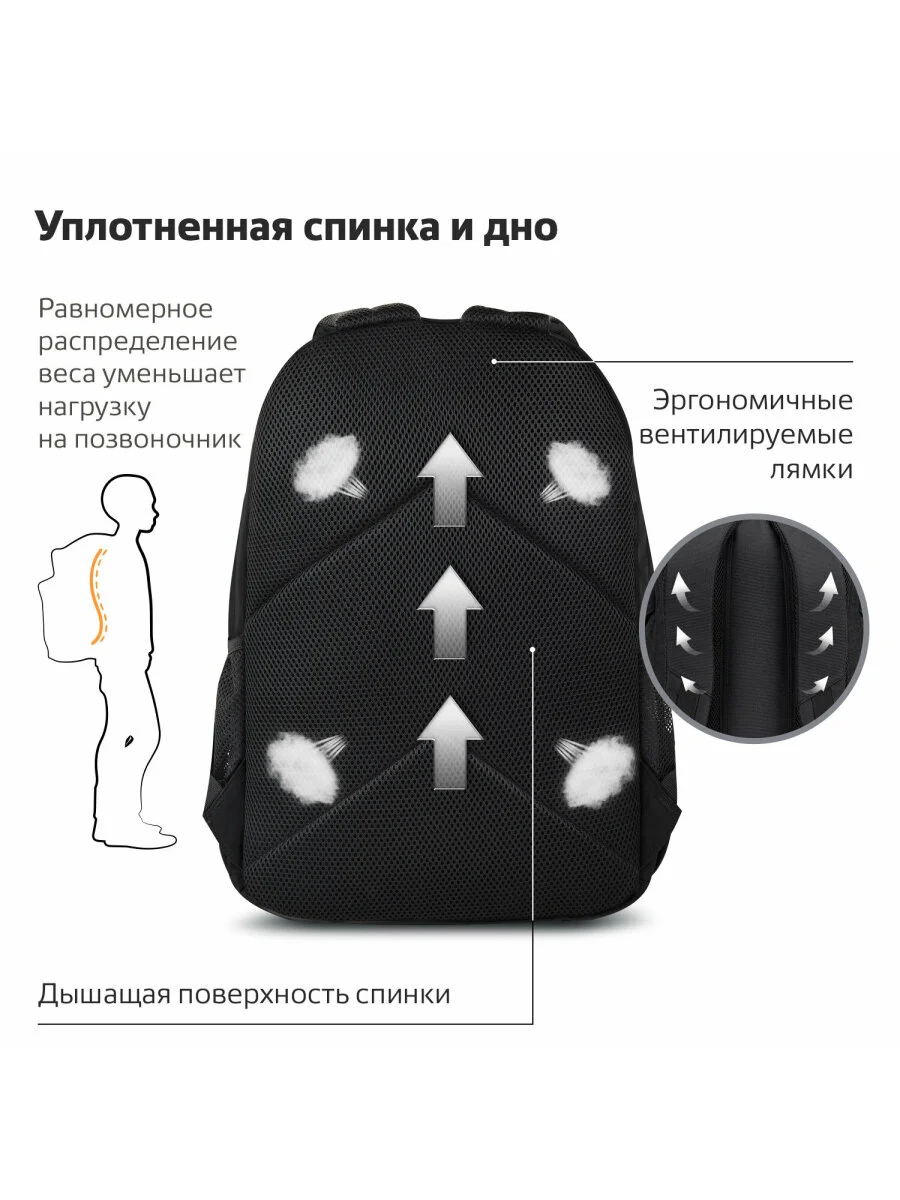 Рюкзак школьный для подростка Brauberg Dynamic эргономичный, черный, 43х30х13 см, 270801