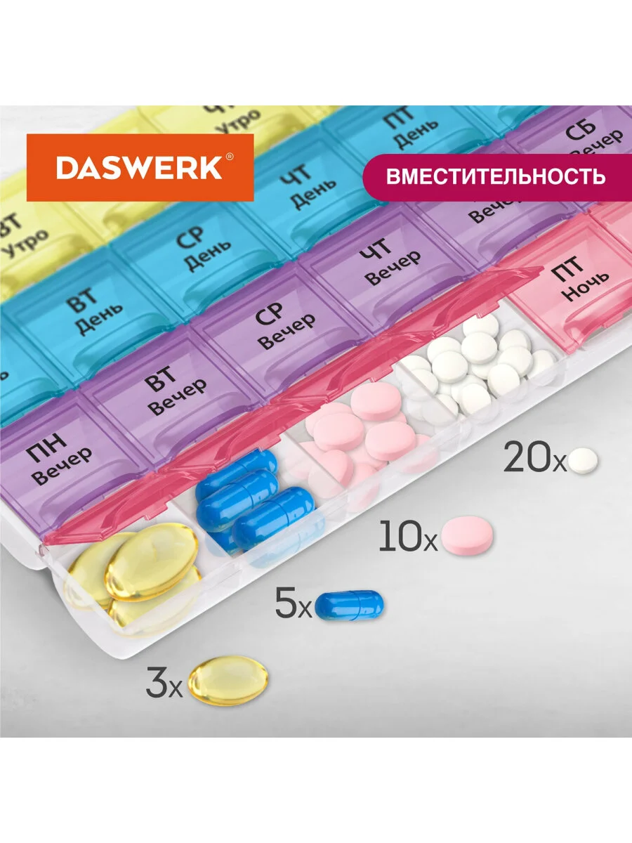 Таблетница на 7 дней для хранения таблеток и лекарств 4 приема, Прозрачный, Daswerk