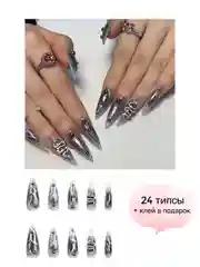 Индиго накладные ногти с дизайном, 24 штуки, с клеем для ногтей