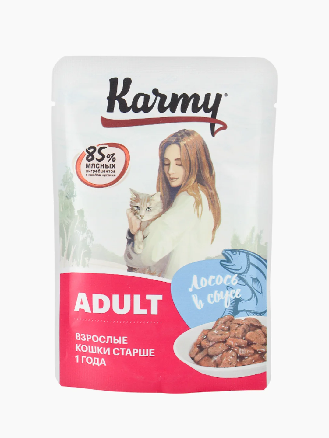 Влажный корм KARMY ADULT для кошек старше 1 года Лосось в соусе Паучи 12 шт по 80г