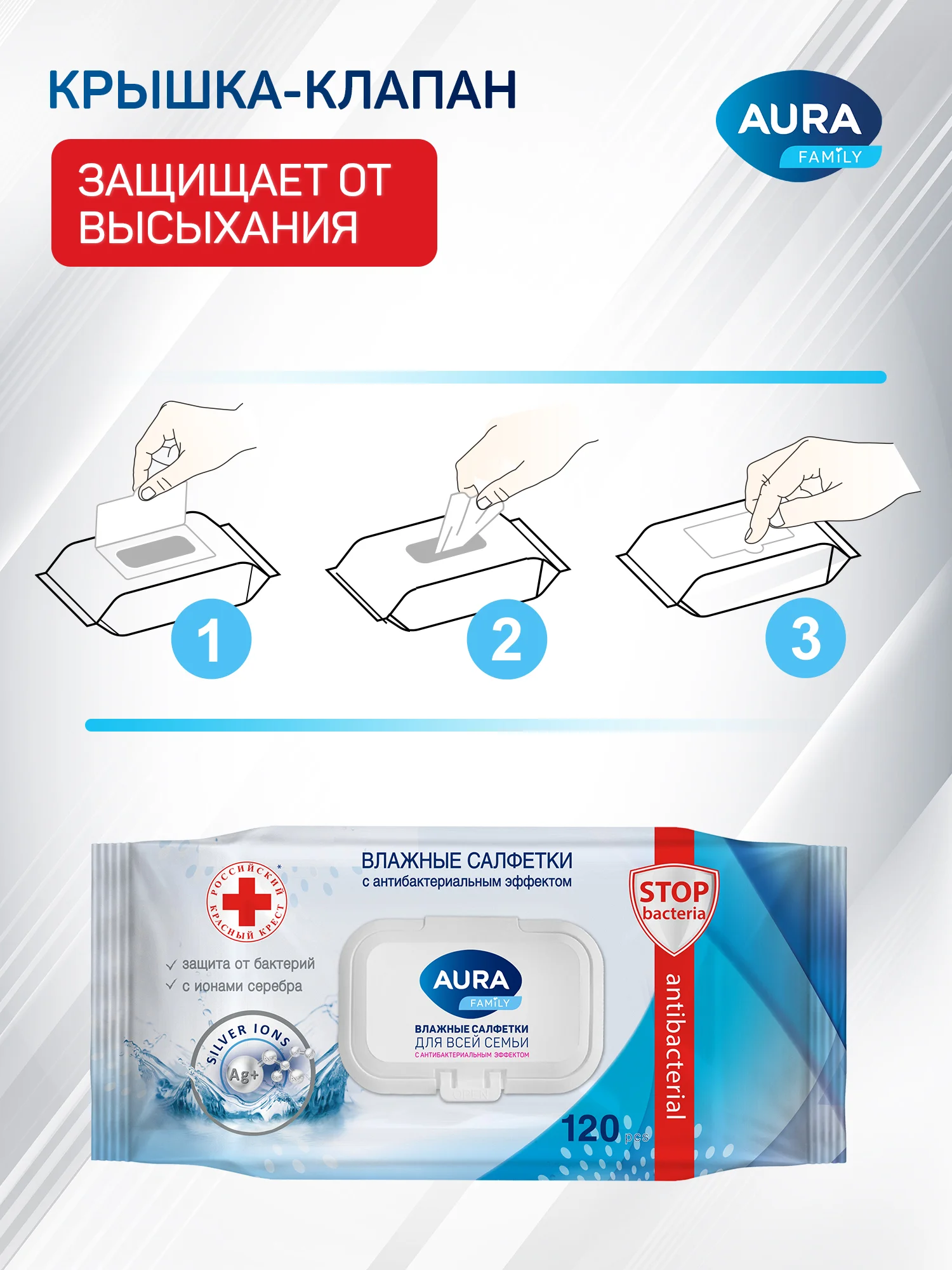 Влажные салфетки AURA FAMILY антибактериальные с крышкой, 720 шт (120 шт х 6)