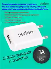 Сетевое зарядное устройство с разъемом USB Perfeo, 1А, белый, I4605