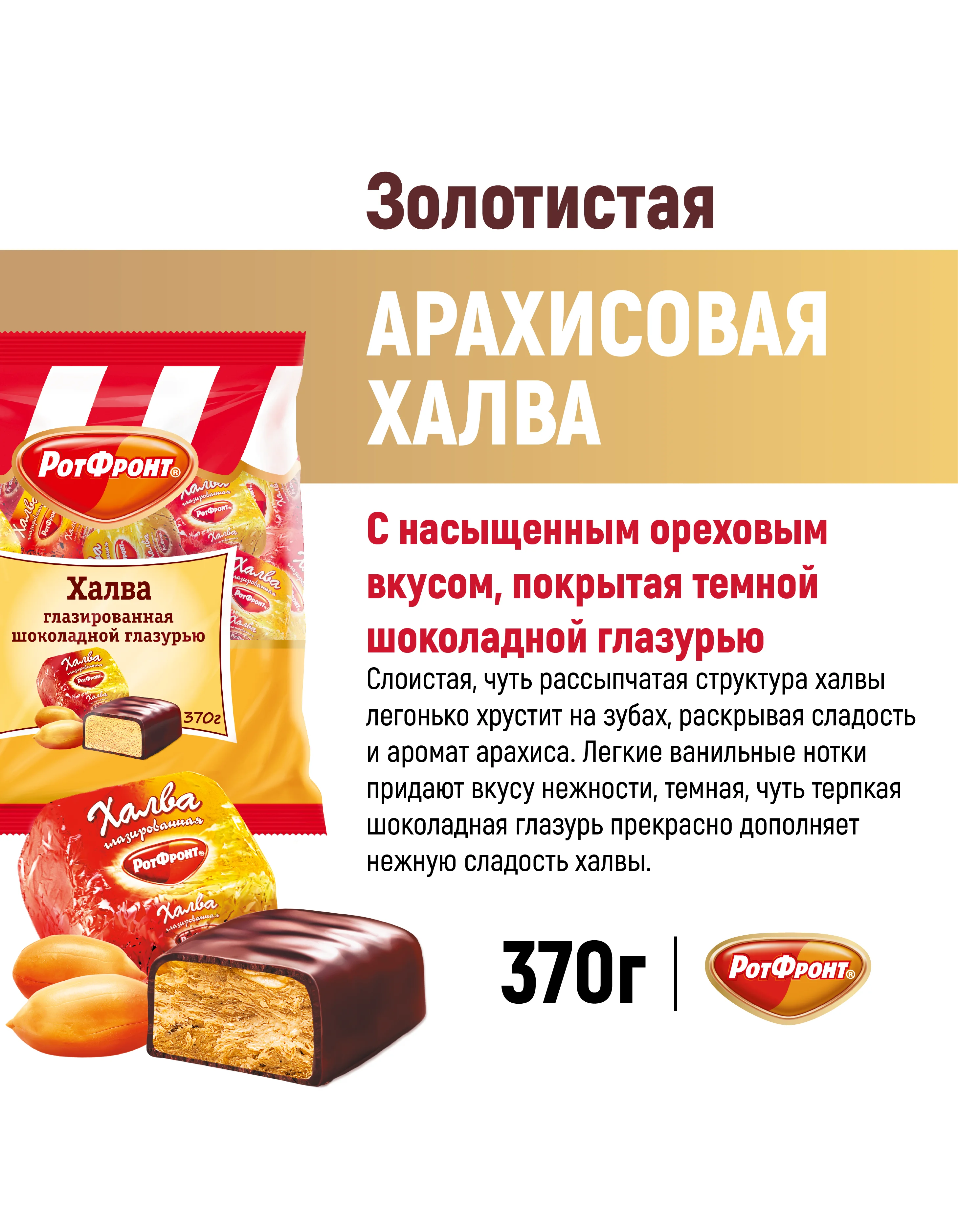 Халва Рот Фронт, с насыщенным ореховым вкусом, шоколадная глазурь, 370 г