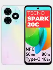Белый смартфон Tecno Spark20c 4+4/128Gb NFC, 50Мп, 90Гц, 5000мАч, Type-C 18W, датчик отпечатков