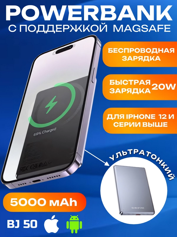 Ультратонкий повербанк для iPhone с magsafe и быстрой зарядкой 20W Borofone BJ50 5000 mAh