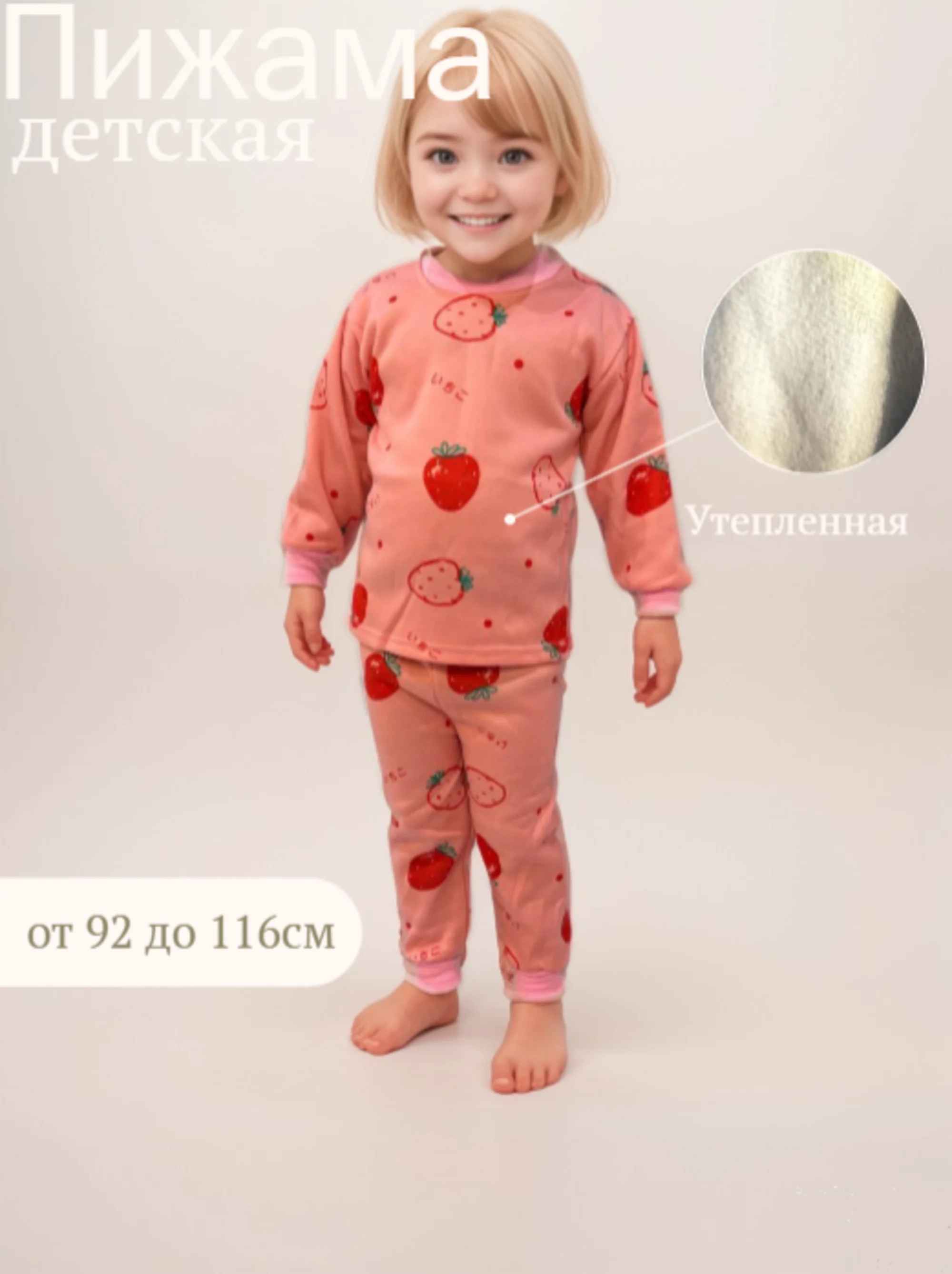 Тёмно-розовый детская пижама утепленная для мальчика, девочки на 1-4 года, 4-7 лет