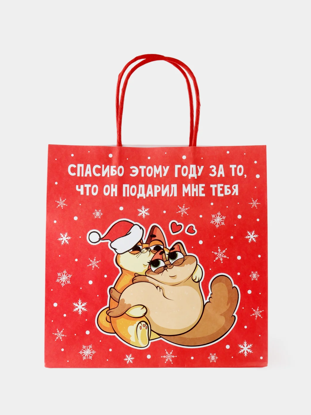 Пастельно-коралловый пакет подарочный новогодний с приколами, 22 х 22 х 11 см