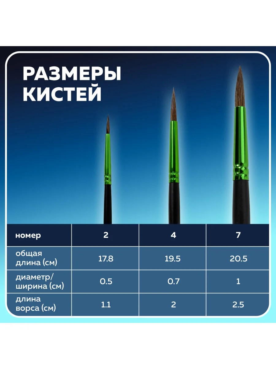 Кисти, кисточки для акварели, гуаши Brauberg, 3 штуки, пони, круглые № 2, 4, 7, 201021