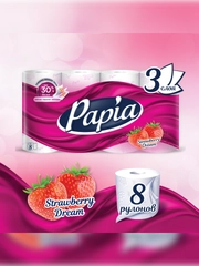 Туалетная бумага Papia "Клубничная мечта", 3 слоя, 8 рулонов