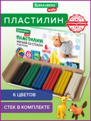 Пластилин мягкий восковой BRAUBERG KIDS, 6 цветов, 90г, со стеком, 106493