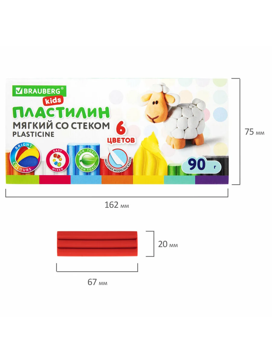 Пластилин мягкий восковой BRAUBERG KIDS, 6 цветов, 90г, со стеком, 106493