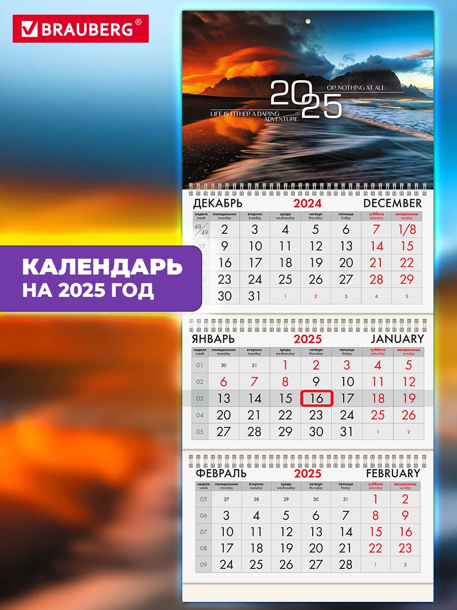Календарь настенный квартальный отрывной 2025 Brauberg Природа, 116103