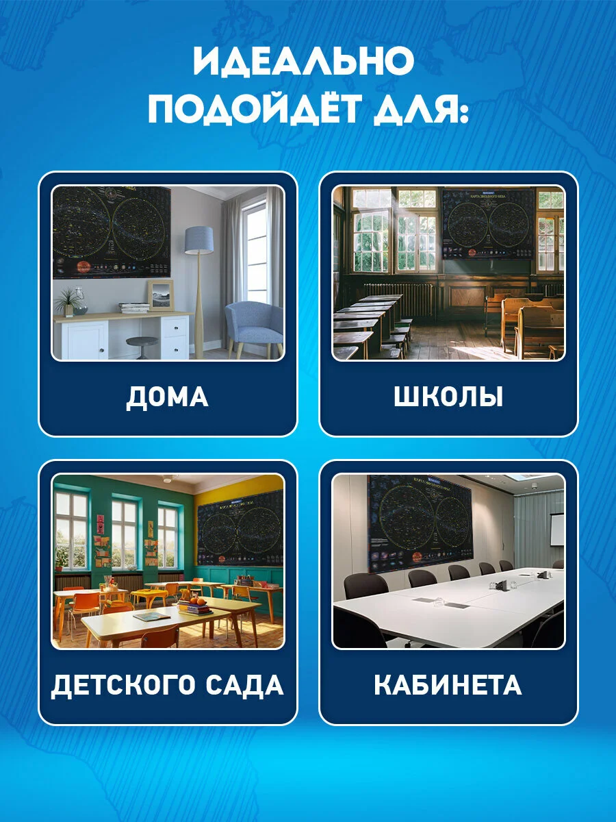 Карта мира детская настенная "Звездное небо и планеты" 101х69 см интерактивная, 112371