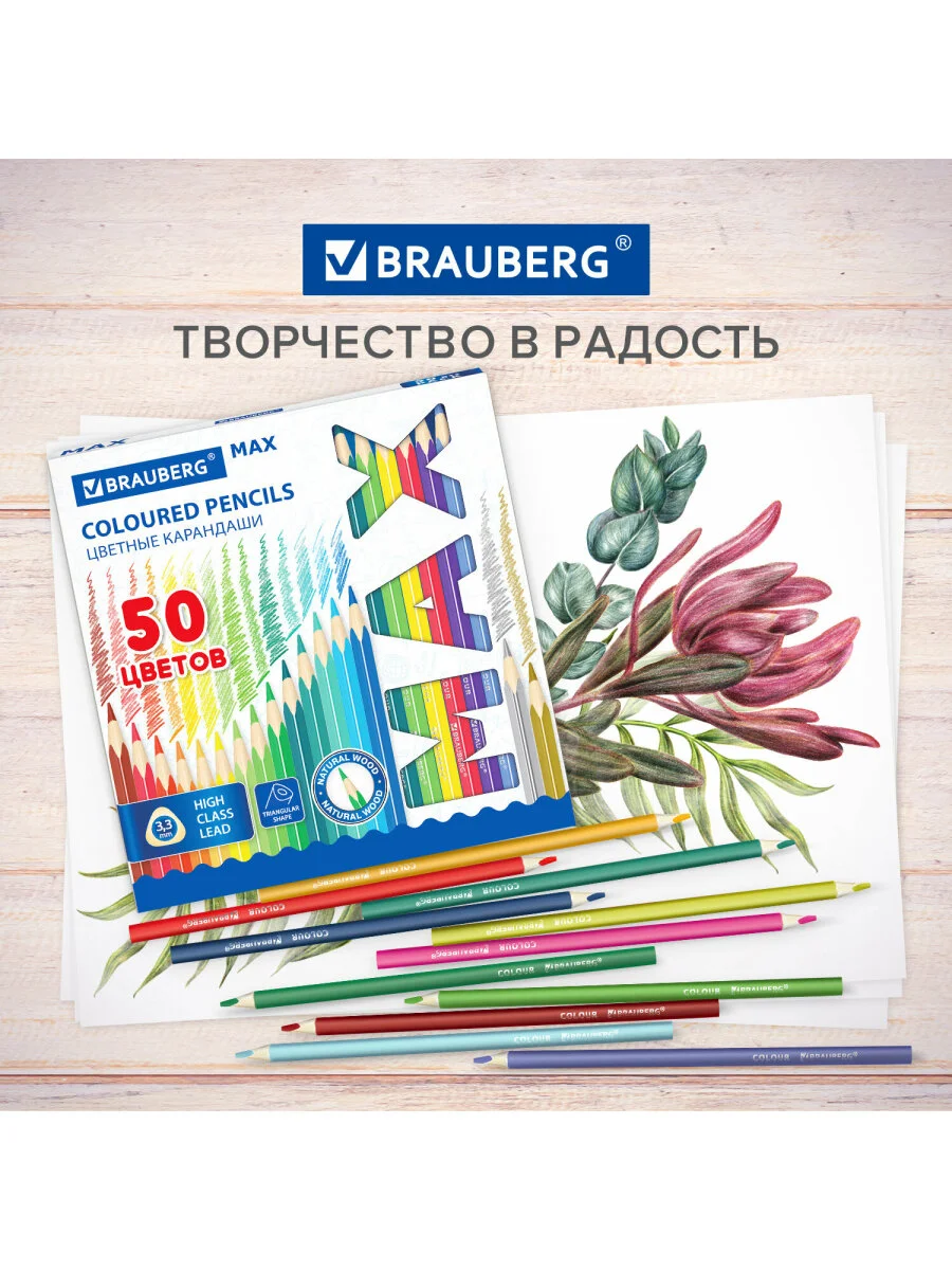 Карандаши цветные трехгранные BRAUBERG MAX, мягкий грифель, 50 цветов