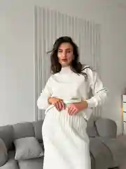 Слоновая кость костюм женский, вязаный, свитер, юбка плиссе