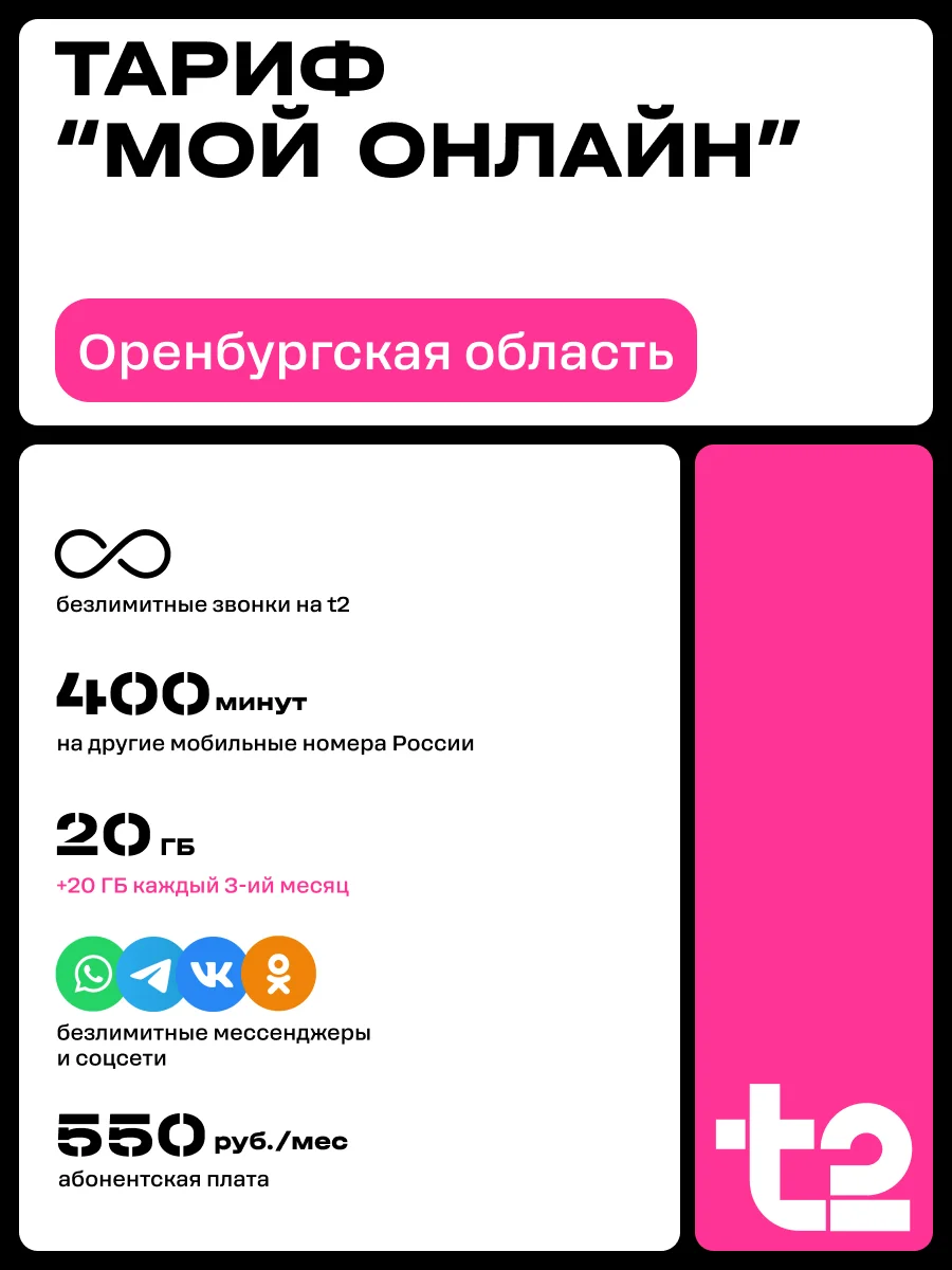 Sim-карта T2. Тариф "Мой онлайн" для Оренбургской области