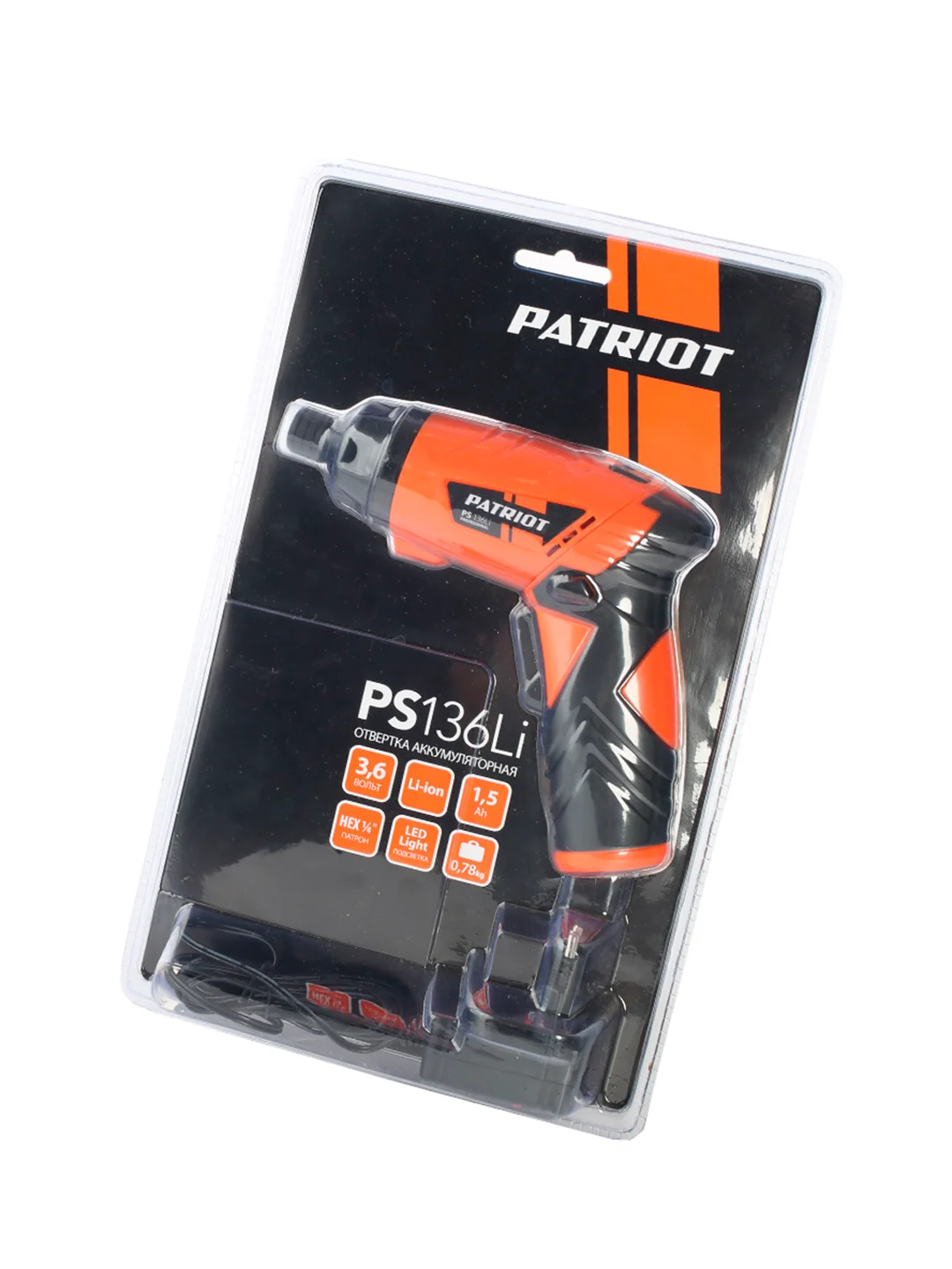 Отвертка аккумуляторная Patriot PS 136Li, 3,6 В, 1,5 Ач Li-ion, комплект бит