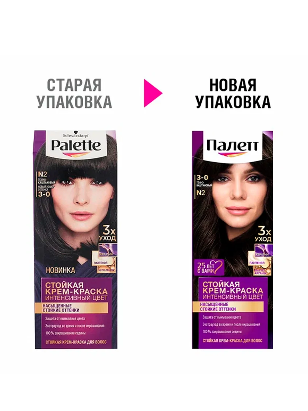 ПАЛЕТТ Стойкая крем-краска Интенсивный цвет 3-0 (N2) Тёмно-каштановый