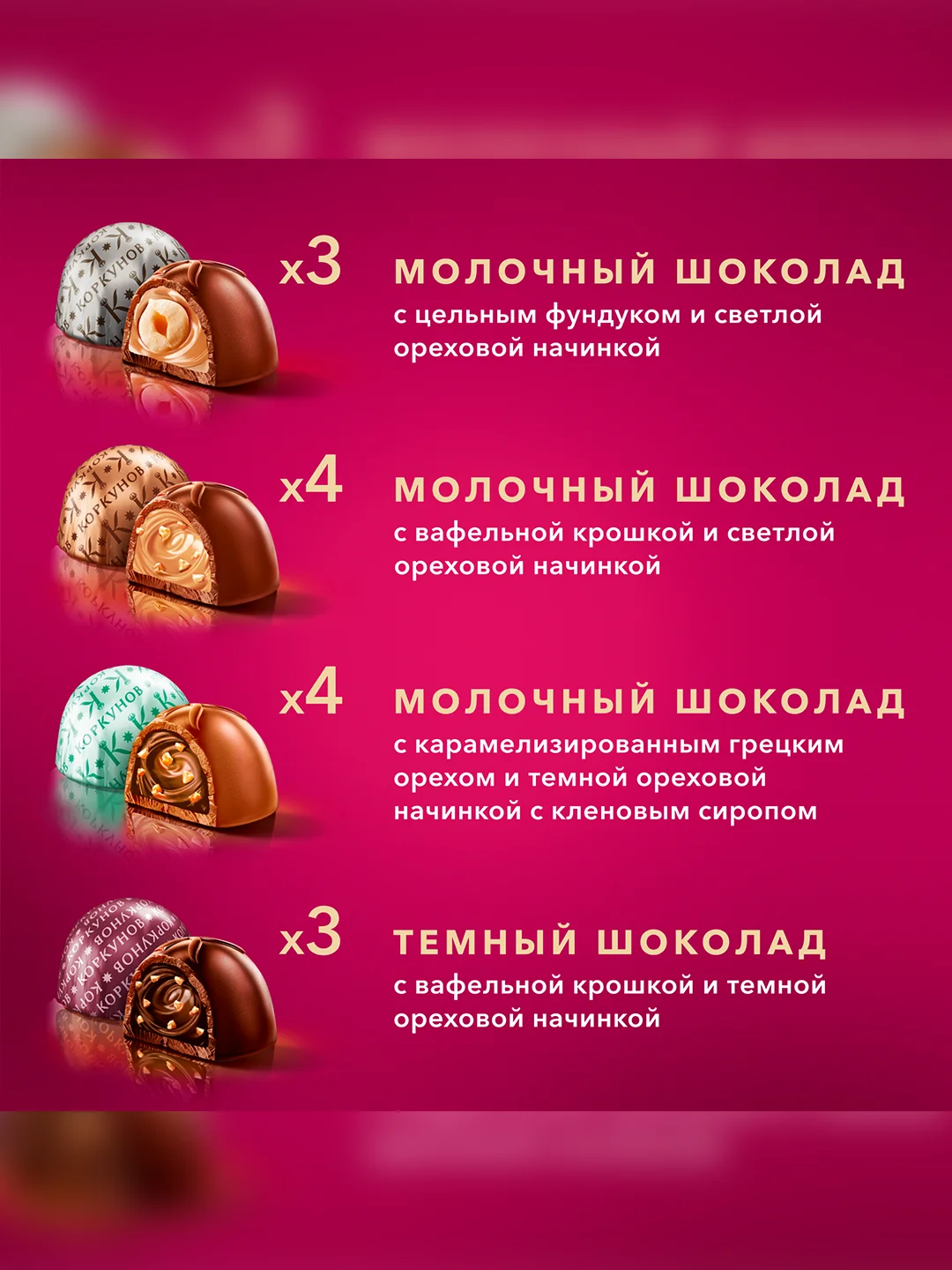 Большая коллекция шоколадных конфет Коркунов из темного и молочного шоколада с фундуком, карамелизированными грецким орехом, миндалем и вафлей, подарочный набор 256г