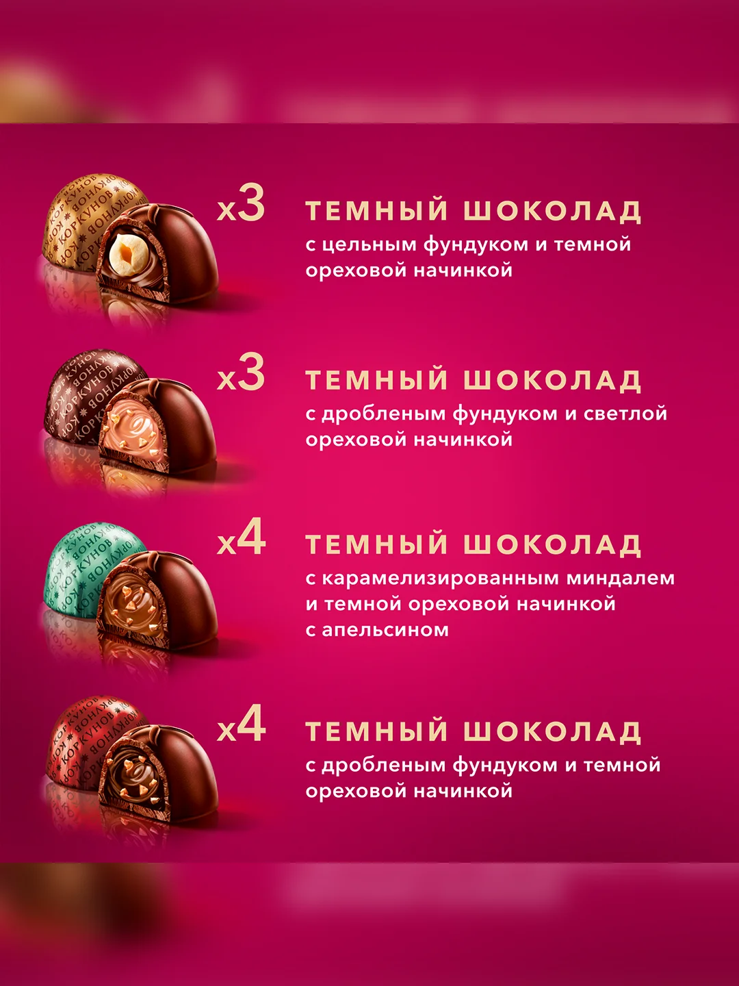 Большая коллекция шоколадных конфет Коркунов из темного и молочного шоколада с фундуком, карамелизированными грецким орехом, миндалем и вафлей, подарочный набор 256г