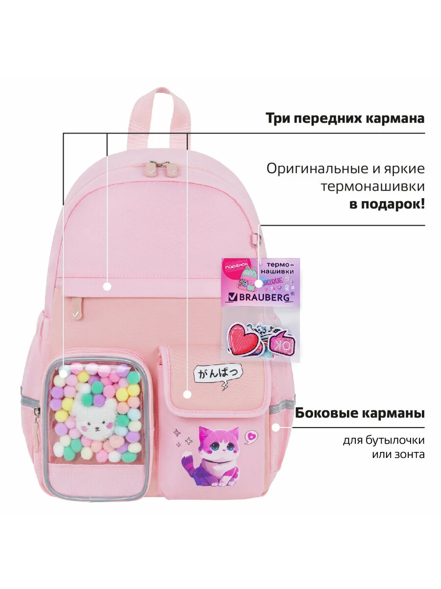 Рюкзак школьный для девочки, ранец, портфель, набор с термо нашивками, 40х29х14см Brauberg