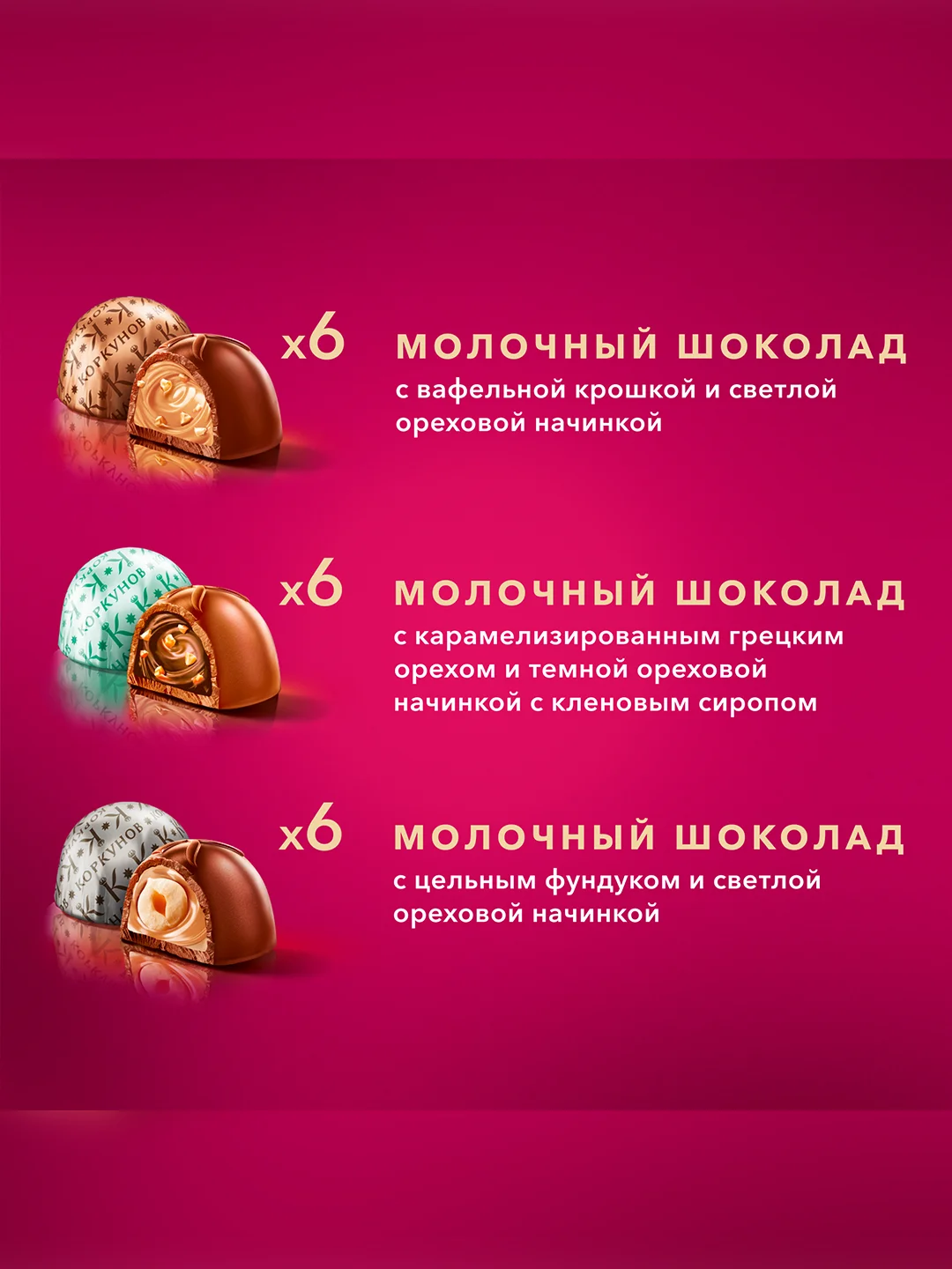 Коллекция конфет Коркунов из молочного шоколада с цельным фундуком, грецким орехом, вафльной крошкой и ореховой начинкой, подарочный набор 165г
