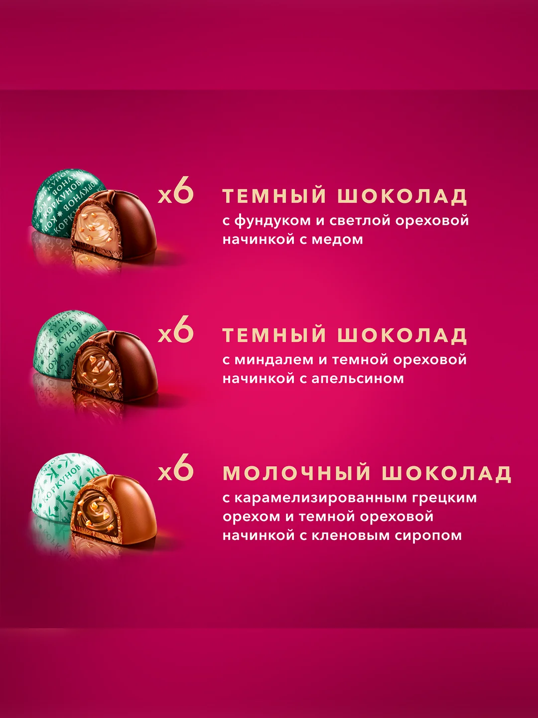 Ореховая коллекция конфет Коркунов, из темного и молочного шоколада с фундуком, грецким орехом и миндалем, подарочный набор 165г