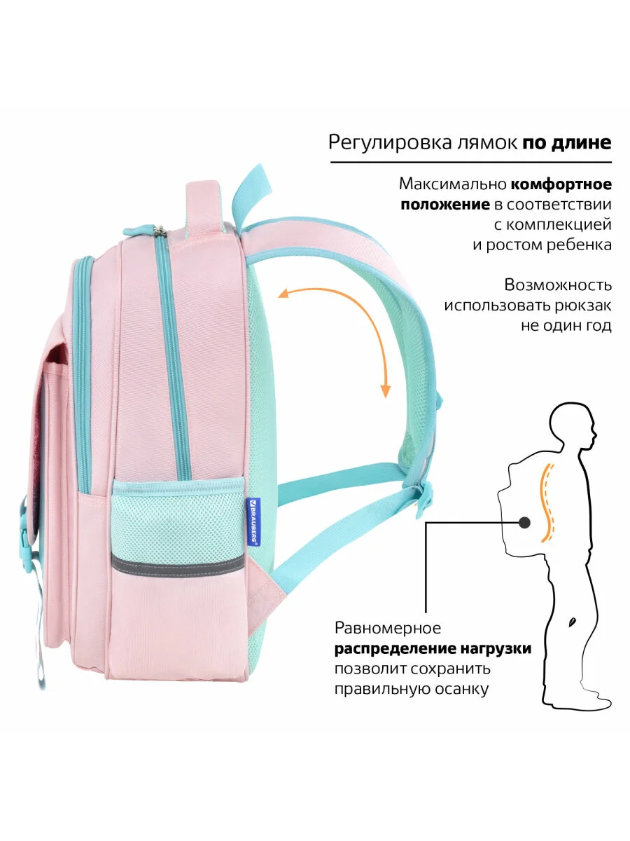 Рюкзак школьный для девочки, ранец, портфель 2 отделения и 3 кармана, 39х28х16 см Brauberg