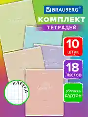 Тетрадь для школы тонкая, 18 листов, набор 10 штук, Brauberg, клетка, обложка картон, 106670