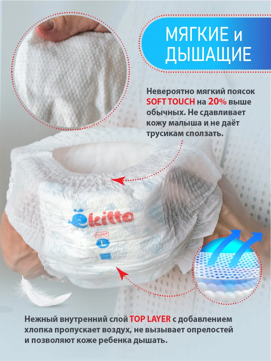 Подгузники Ekitto, 1 размер, NB для новорожденных, тонкие, 0-5 кг, 30 шт