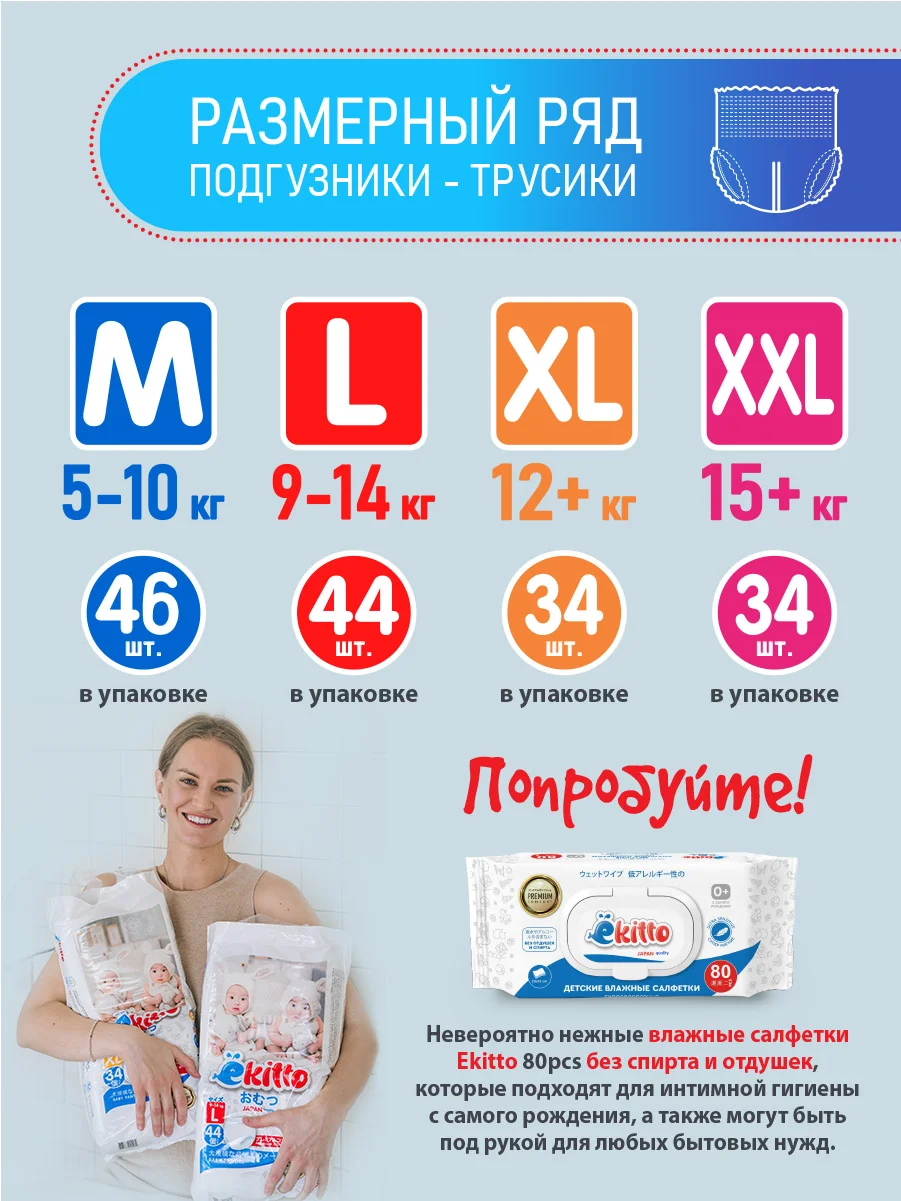 Подгузники Ekitto, 1 размер, NB для новорожденных, тонкие, 0-5 кг, 30 шт