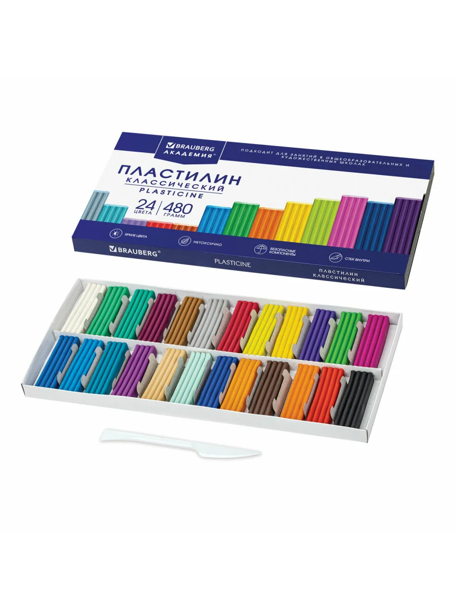 Пластилин классический BRAUBERG, 24 цветов, 480 г