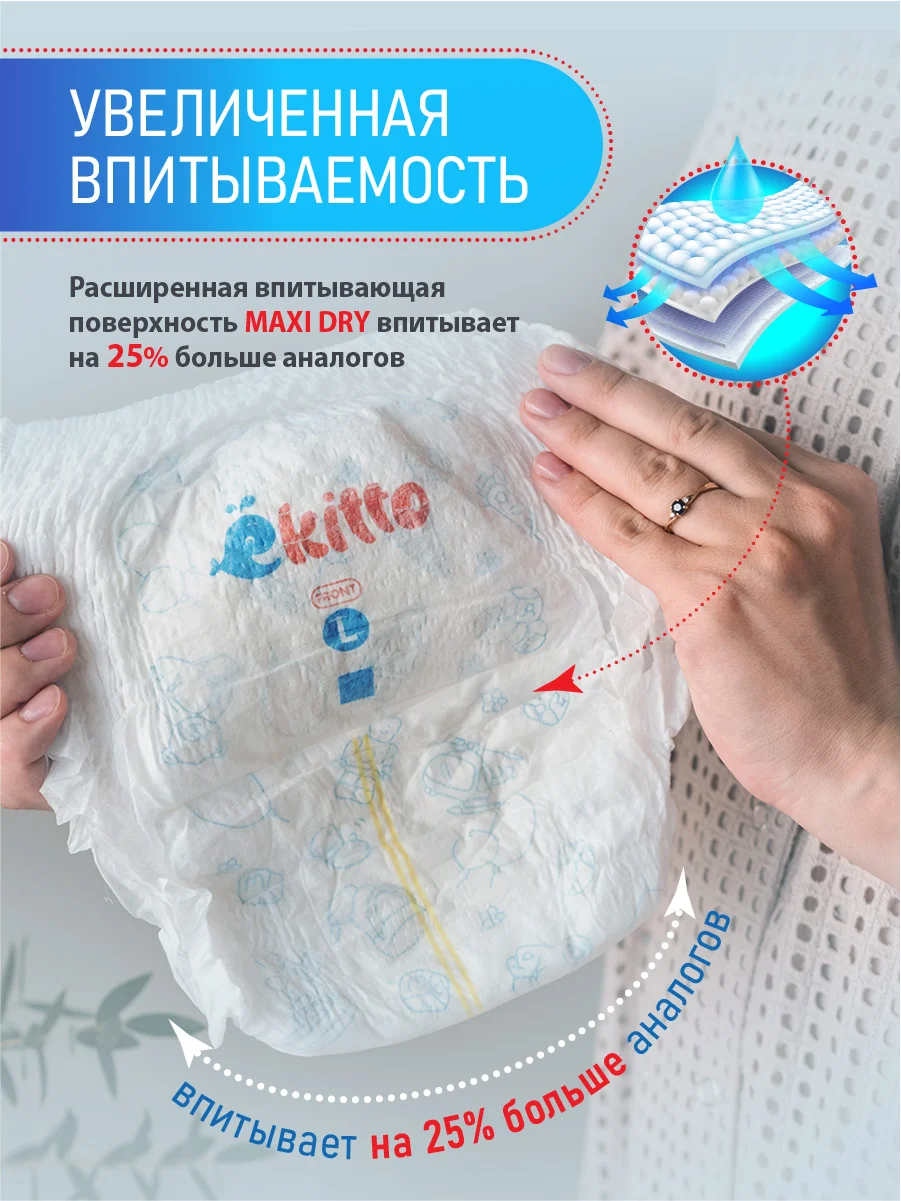 Подгузники-трусики Ekitto, 6 размер XXL, для детей от 15-20 кг, японские памперсы, 34 шт