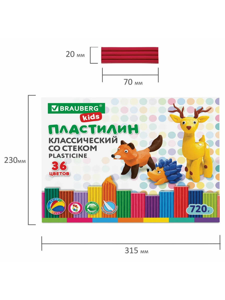 Пластилин классический BRAUBERG KIDS, стек, 36 цветов, 720 грамм, 106438