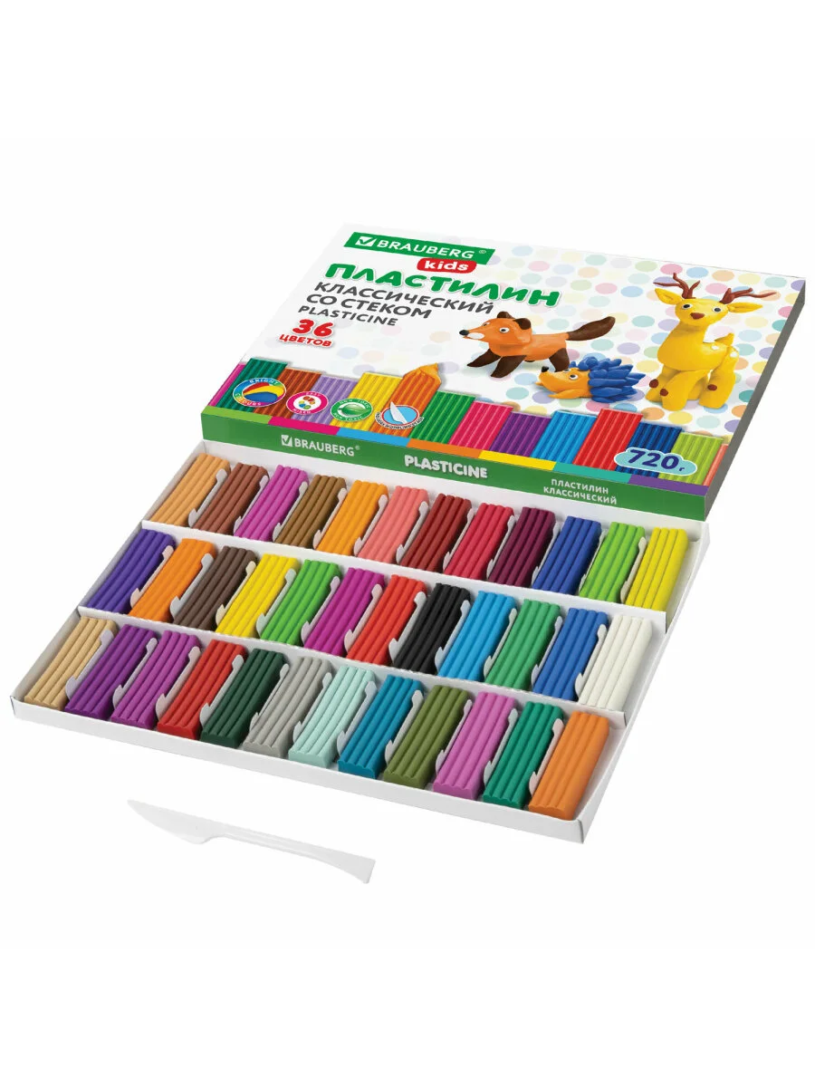 Пластилин классический BRAUBERG KIDS, стек, 36 цветов, 720 грамм, 106438