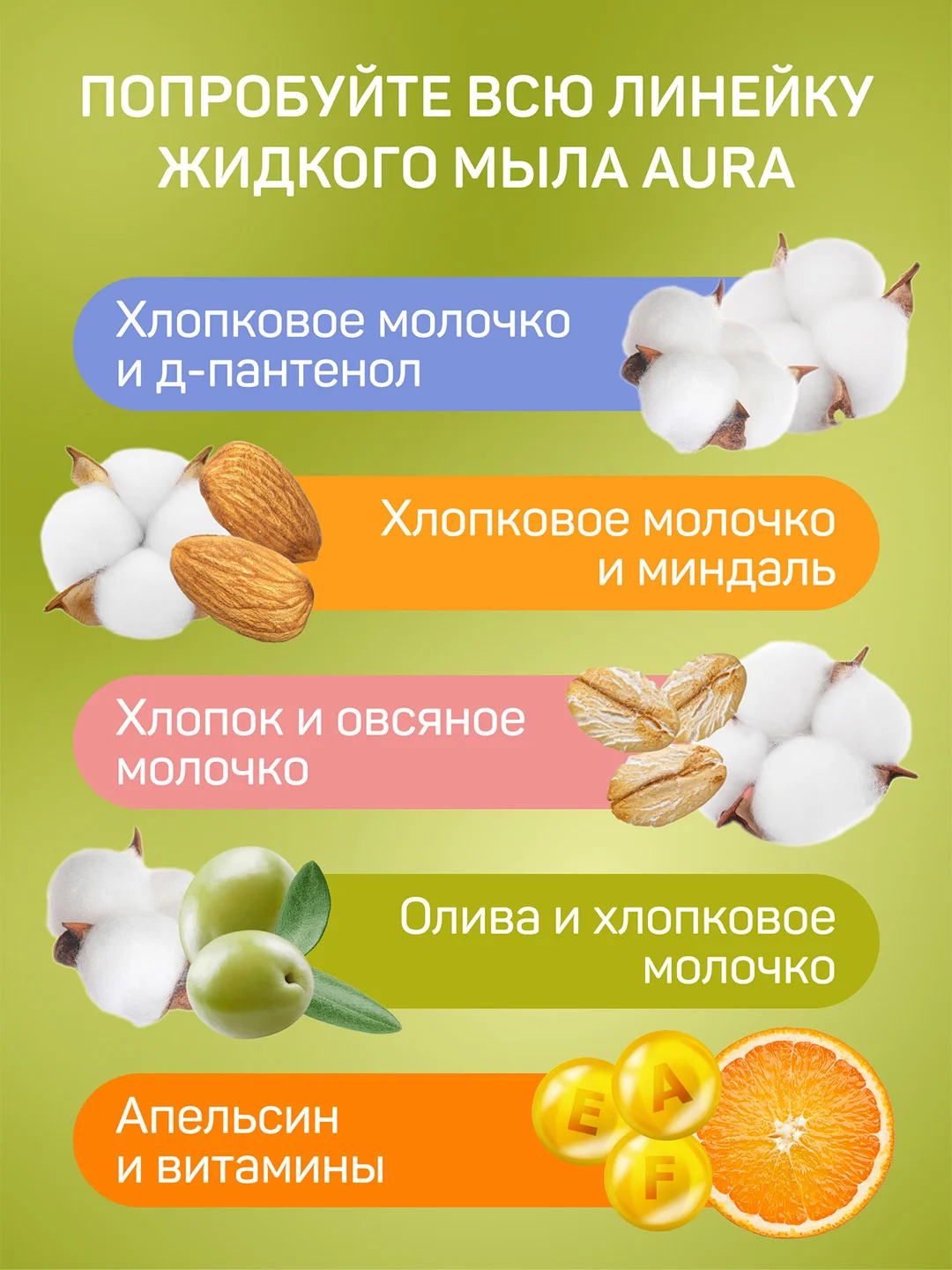 Жидкое крем мыло 2в1 AURA Pure Cotton для рук и тела Олива и Хлопковое молочко 5 литров