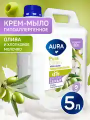 Жидкое крем мыло 2в1 AURA Pure Cotton для рук и тела Олива и Хлопковое молочко 5 литров