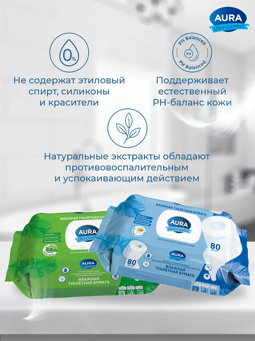 Влажная туалетная бумага AURA ULTRA COMFORT 480 шт (80х6) с экстрактом АЛОЭ и РОМАШКИ