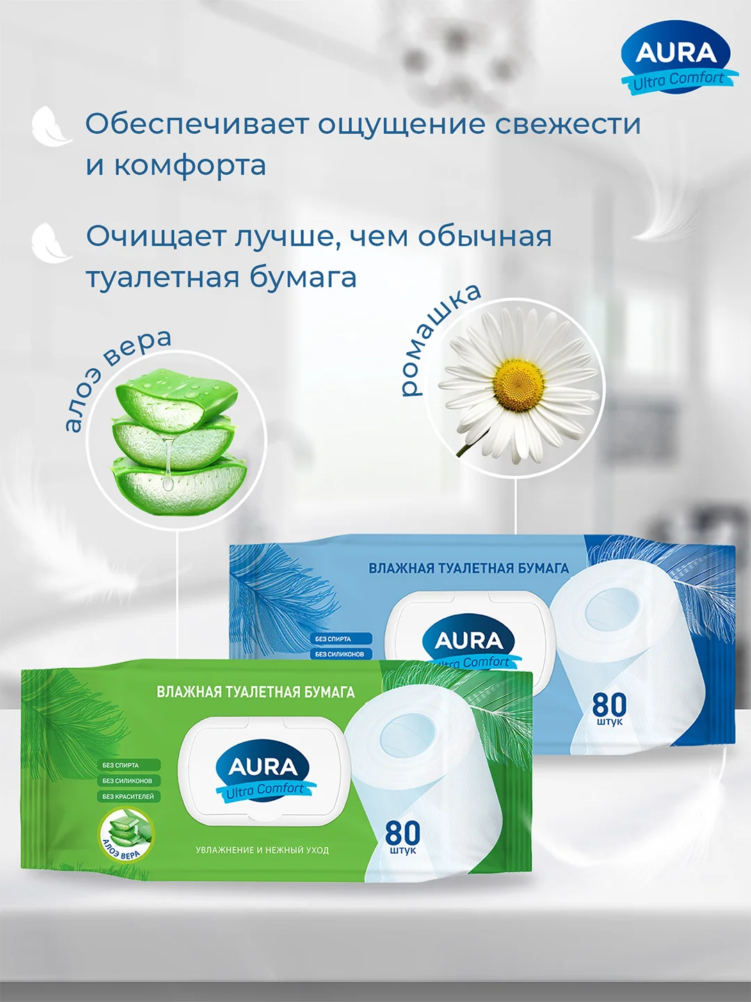 Влажная туалетная бумага AURA ULTRA COMFORT 480 шт (80х6) с экстрактом АЛОЭ и РОМАШКИ