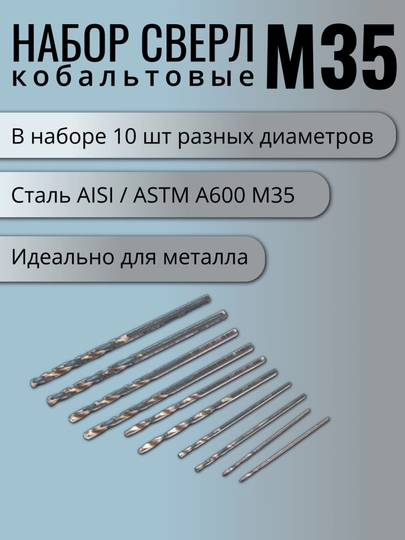 Набор сверл по металлу М35 кобальтовые, спиральные 1-3мм, 10 штук