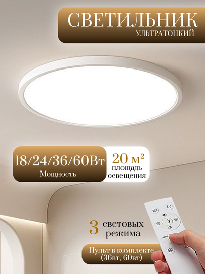 Потолочный светодиодный светильник, лампа светодиодная 3000К, 4000К, 6500К, ультратонкий