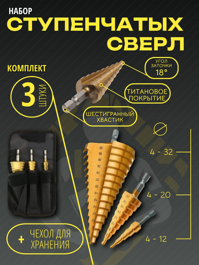 Сверло ступенчатое по металлу 4-12/4-20/4-32/3-13/5-35/4-42, елочка